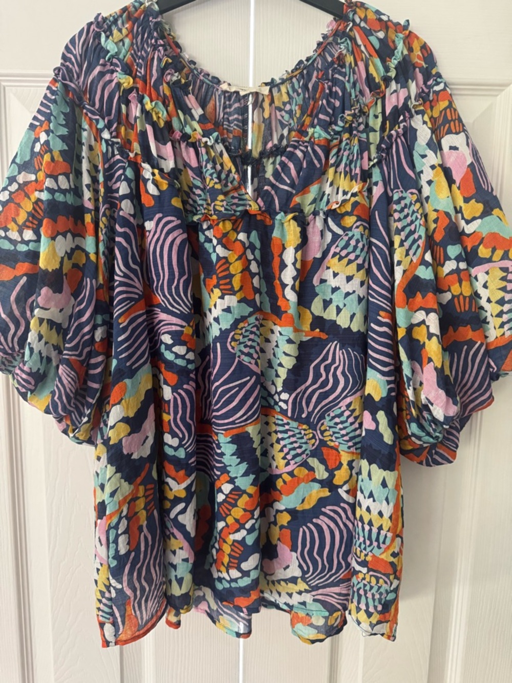 entro Multicolor Boho Puff-Sleeve Blouse - Navy Base